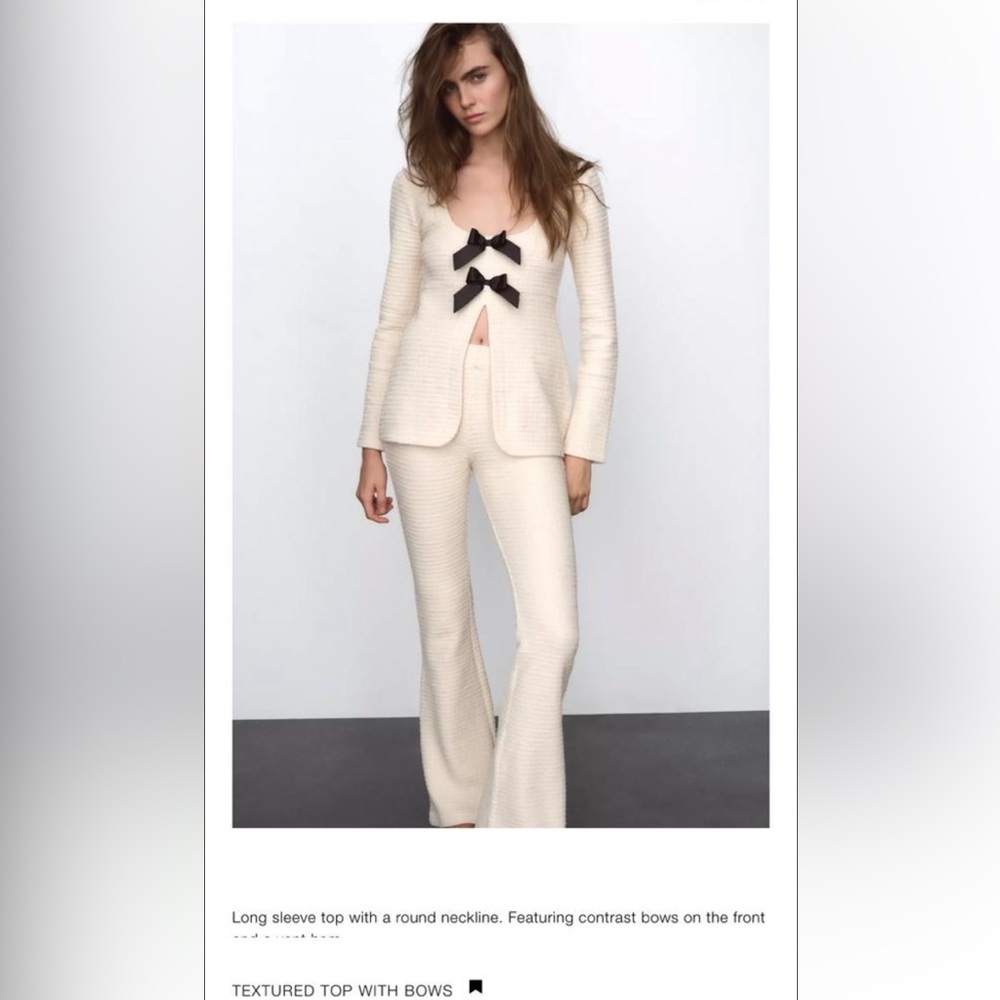 Zara Cream Knit Long-Sleeve Top with Black Bow Details